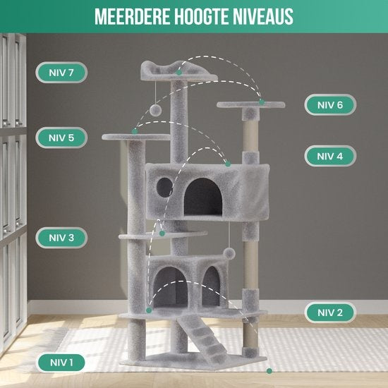 Avalo - Katzenkratzbaum - mit 7 Ebenen - 137x49x49 CM - für große Katzen - Hellgrau