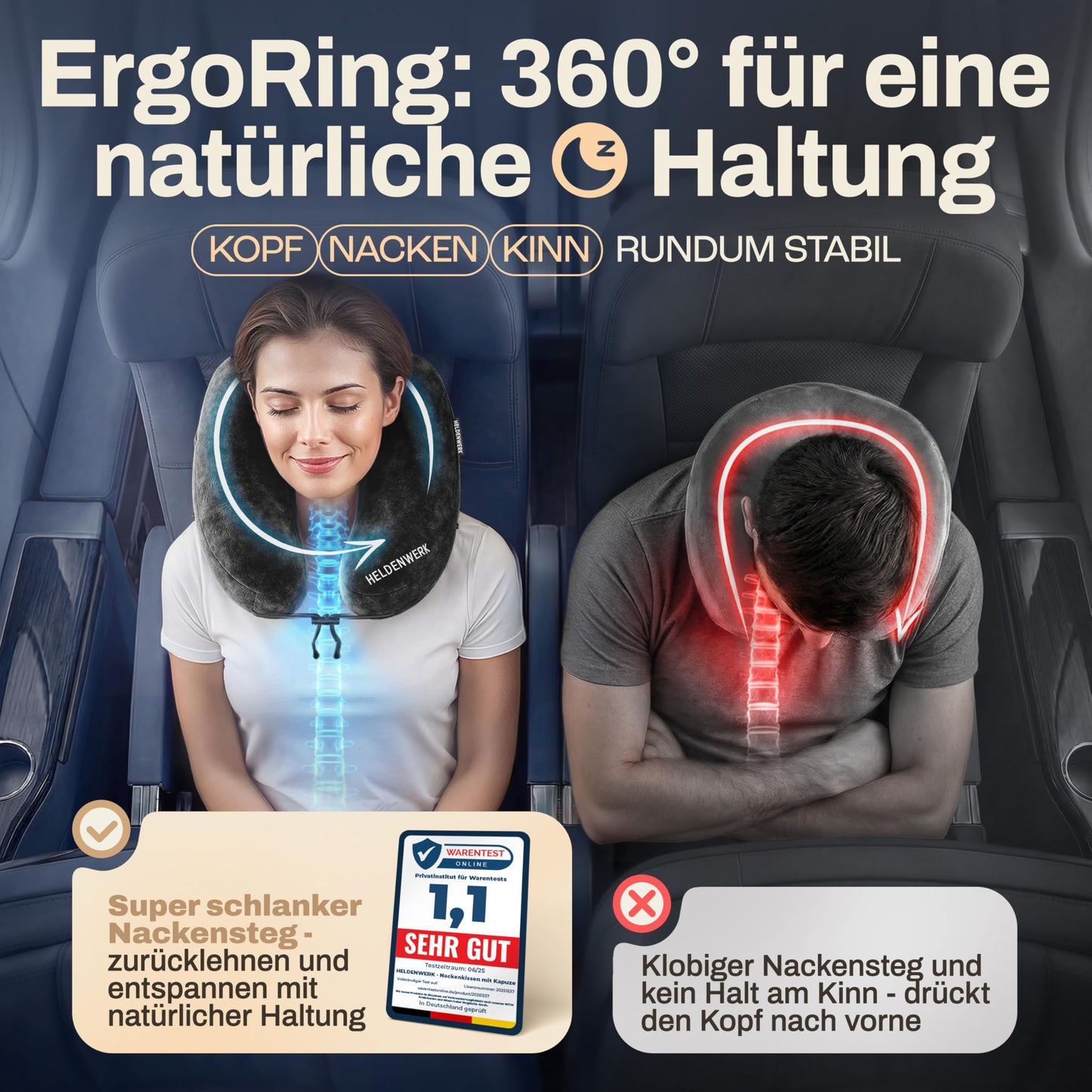 Heldenwerk Nackenkissen – Aufblasbar – Kapuze – Reisekissen – Schwarz