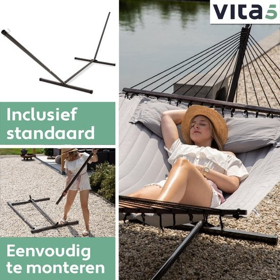 Vita5 Hängematte mit Ständer 2 Schlafplätze - Gartenhängematte mit Spreizstab und Gestell - Grau - UV-beständig - Belastbarkeit bis 200 kg