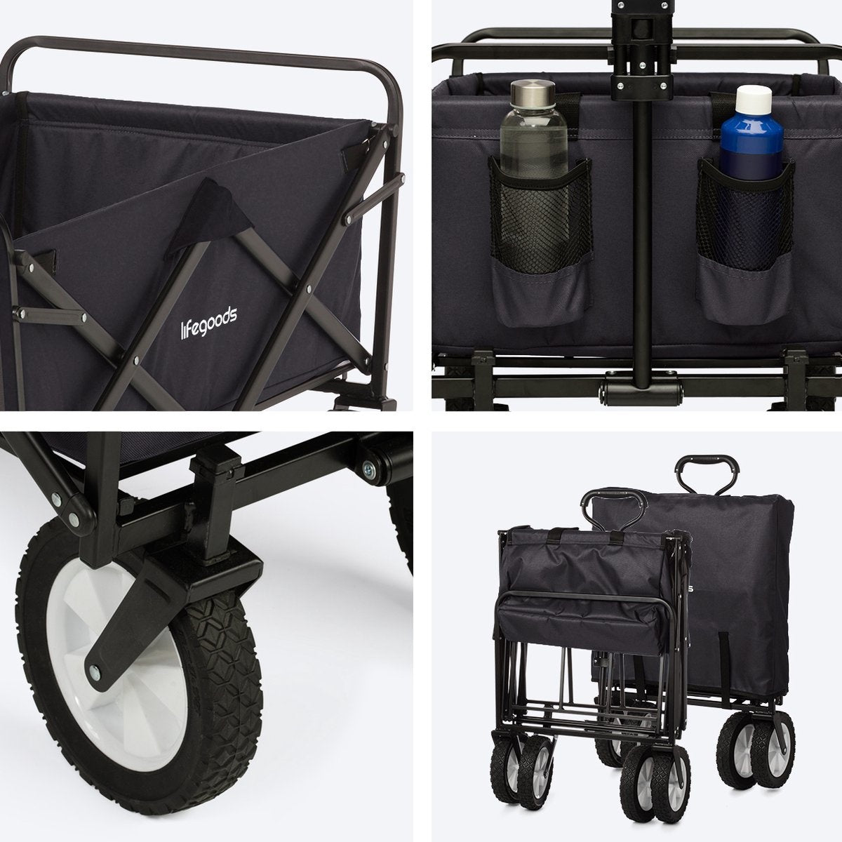 LifeGoods Bollerwagen - faltbar - drehbare Räder - 2 Ständer - 70kg Tragfähigkeit - Schwarz