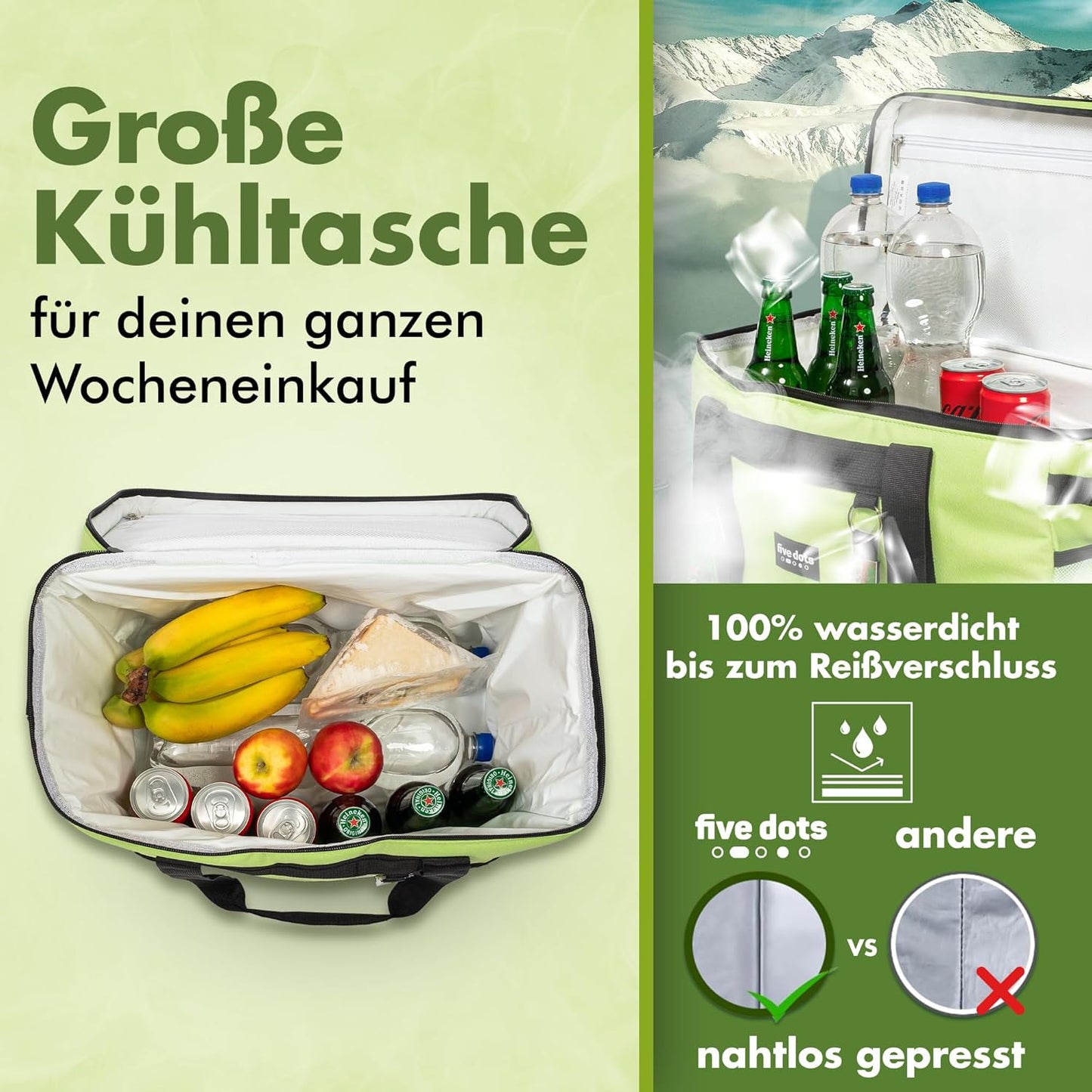 five Dots Kühltasche - 30L Kapazität - Wasserdicht - 26 x 41 x 31 cm - Grün