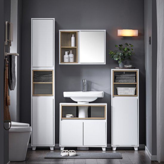 SoBuy BZR147-W Badezimmerschrank - Weißer Hochschrank mit 2 Türen & Fächern