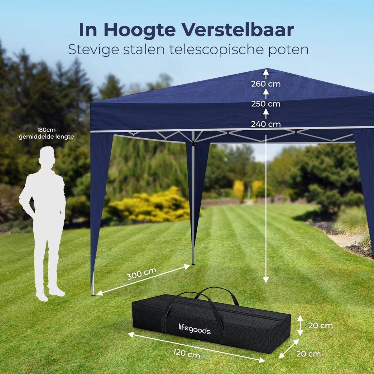 LifeGoods Partyzelt - Pavillon - 3x3 m - leicht aufbaubar - faltbar - wasserdicht - Tragetasche mit Rädern - blau
