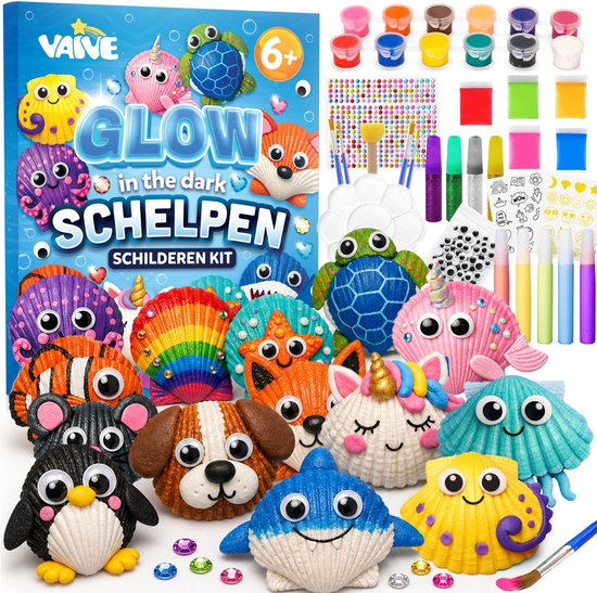 Vaive Muscheln bemalen, 75-teilig – Glow-in-the-Dark-Happy-Stones-Bastelset – Basteln – Bastelset für Mädchen und Jungen – Bastelsets