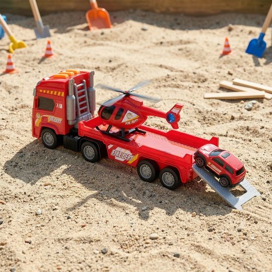 Eddy Toys Feuerwehrwagen-Set, 3-teilig – Feuerwehrwagen-Set mit Anhänger, Hubschrauber und Feuerwehrauto – Spielzeugauto, Hubschrauber und Feuerwehrauto mit Licht und Sound – Feuerwehr – Rot