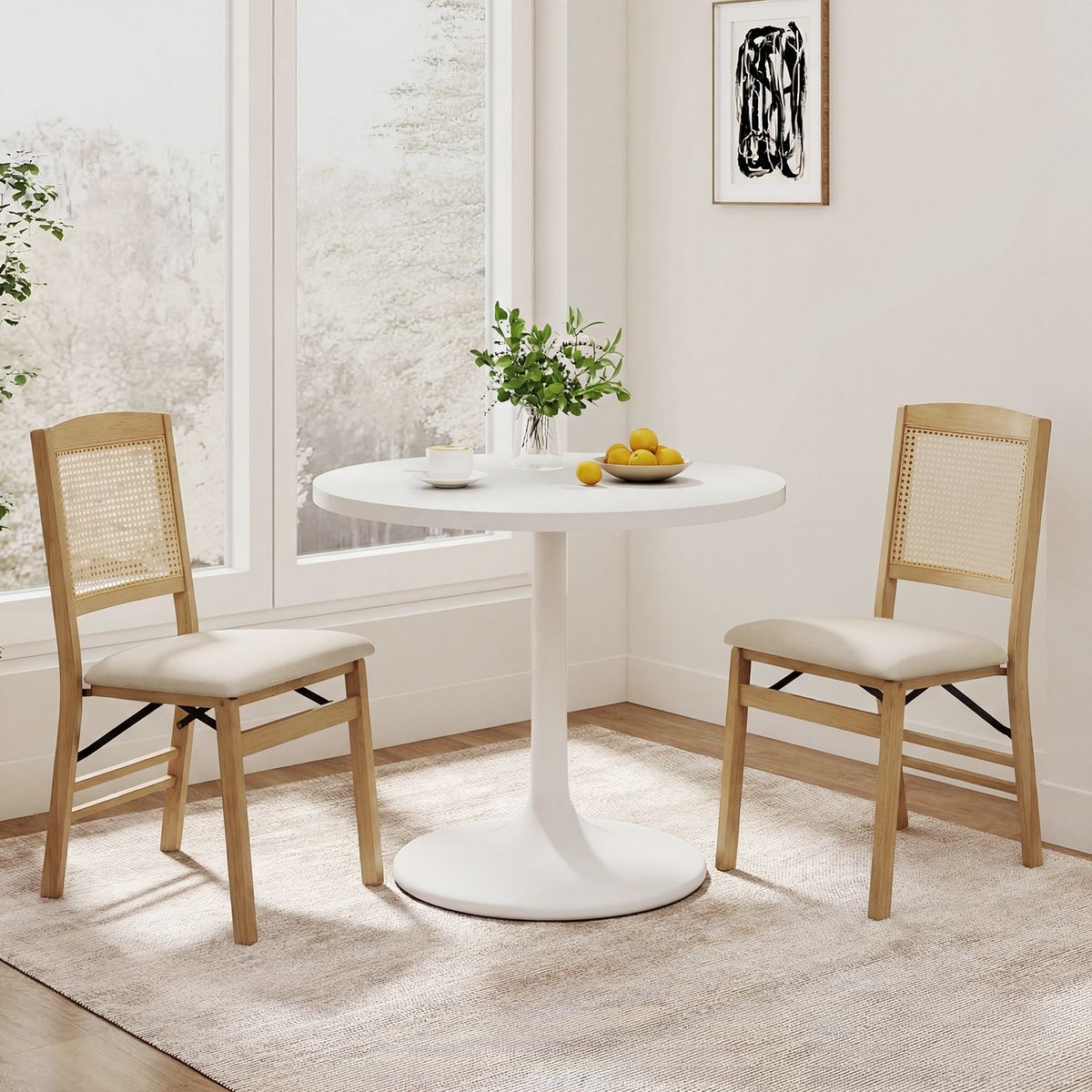 Coast Klappbare Esszimmerstühle, 2er-Set – Holz und PE-Rattan – Sitzfläche aus Leinen – Naturfarben