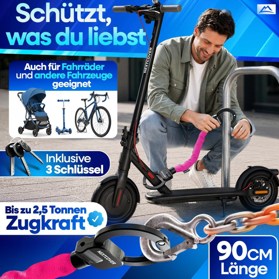 Nextcover E-Scooter-Kettenschloss 90 cm – Rosa – Steel-Secure-Technologie