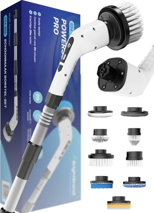 Brightbrand PowerScrub Pro - Elektrische Reinigungsbürste - Schrubber - Für Bad und Küche - Reiniger - Schrubber mit Griff - Abzieher - Polierer - Polierer mit 10 Aufsätzen