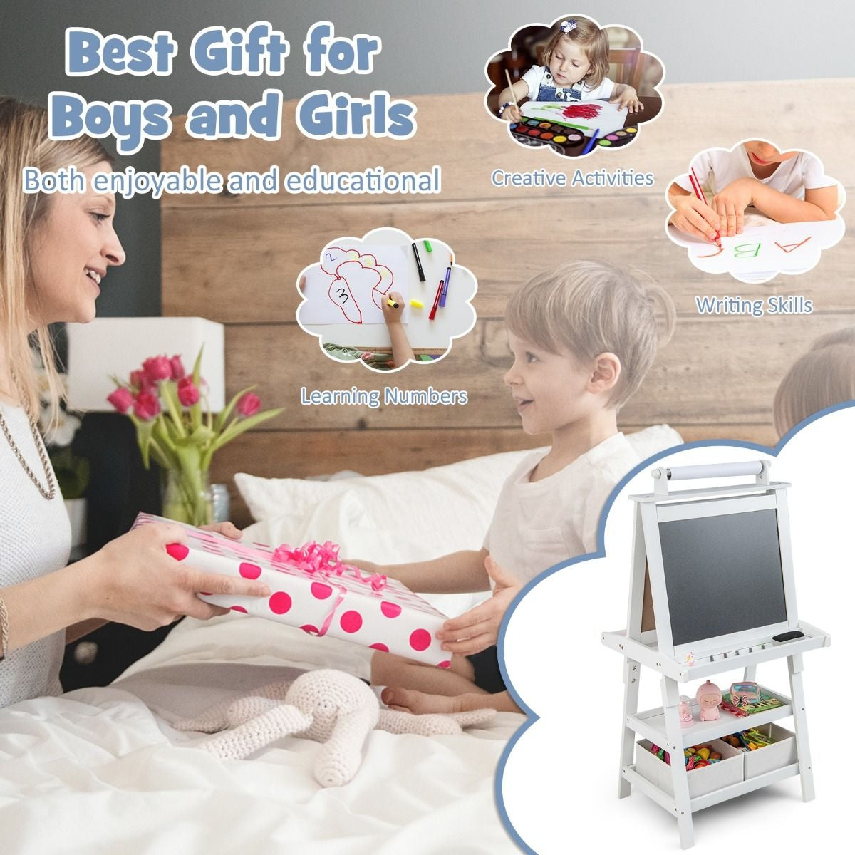 Coast 3 in 1 Kinder Staffelei - Whiteboard & Kreidetafel - inkl. Magnete 2 Ablagen - Beige - 59 x 50 x 117 cm