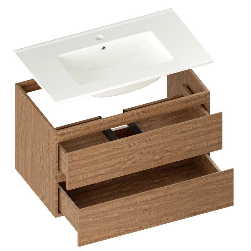 Mirlux Badezimmerschrank Luma 80 cm – Warme Eiche – Weißes Waschbecken