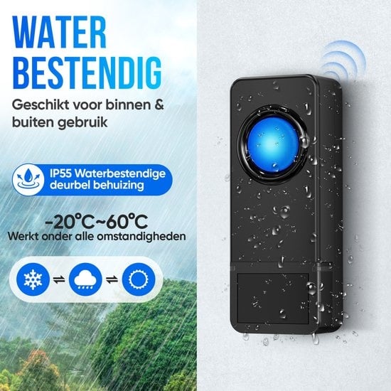 Strex - Funk-Türklingel - mit 2 Batterieempfängern - 300 Meter - 4 Lautstärken / 58 Melodien - IP55 Wasserdicht - Schwarz