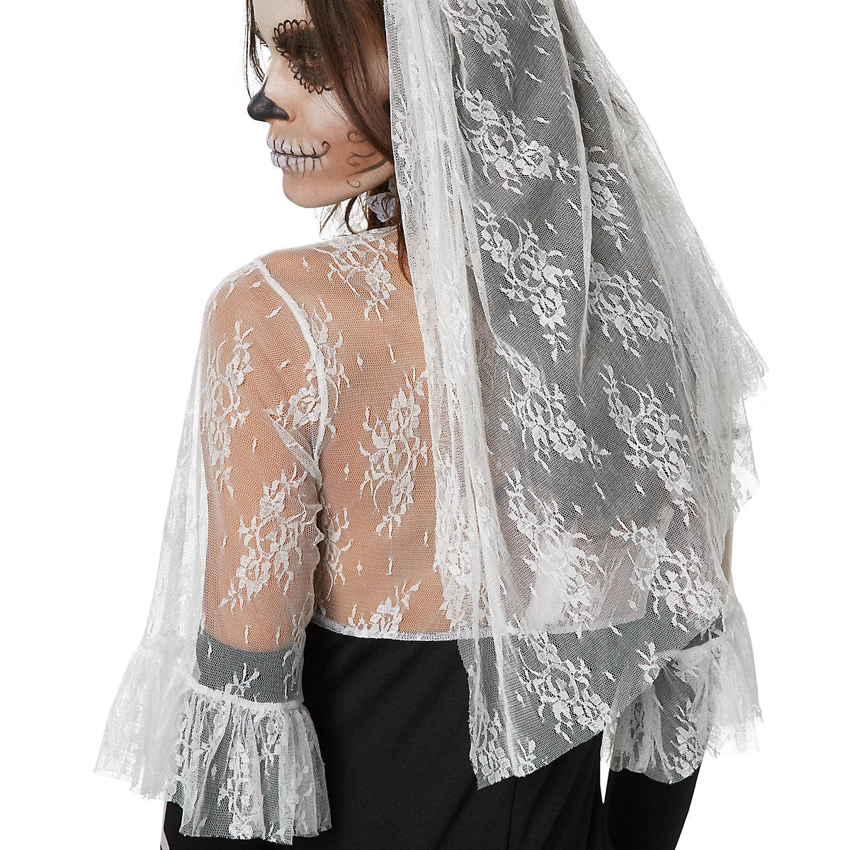 DressForFun Gruseliges Skelett-Brautkostüm für Damen – Mit hochstehendem Spitzenkragen, gepolsterten Cups und Schleier – Für Halloween und Karneval – Schwarz-weißes Polyester – Größe S