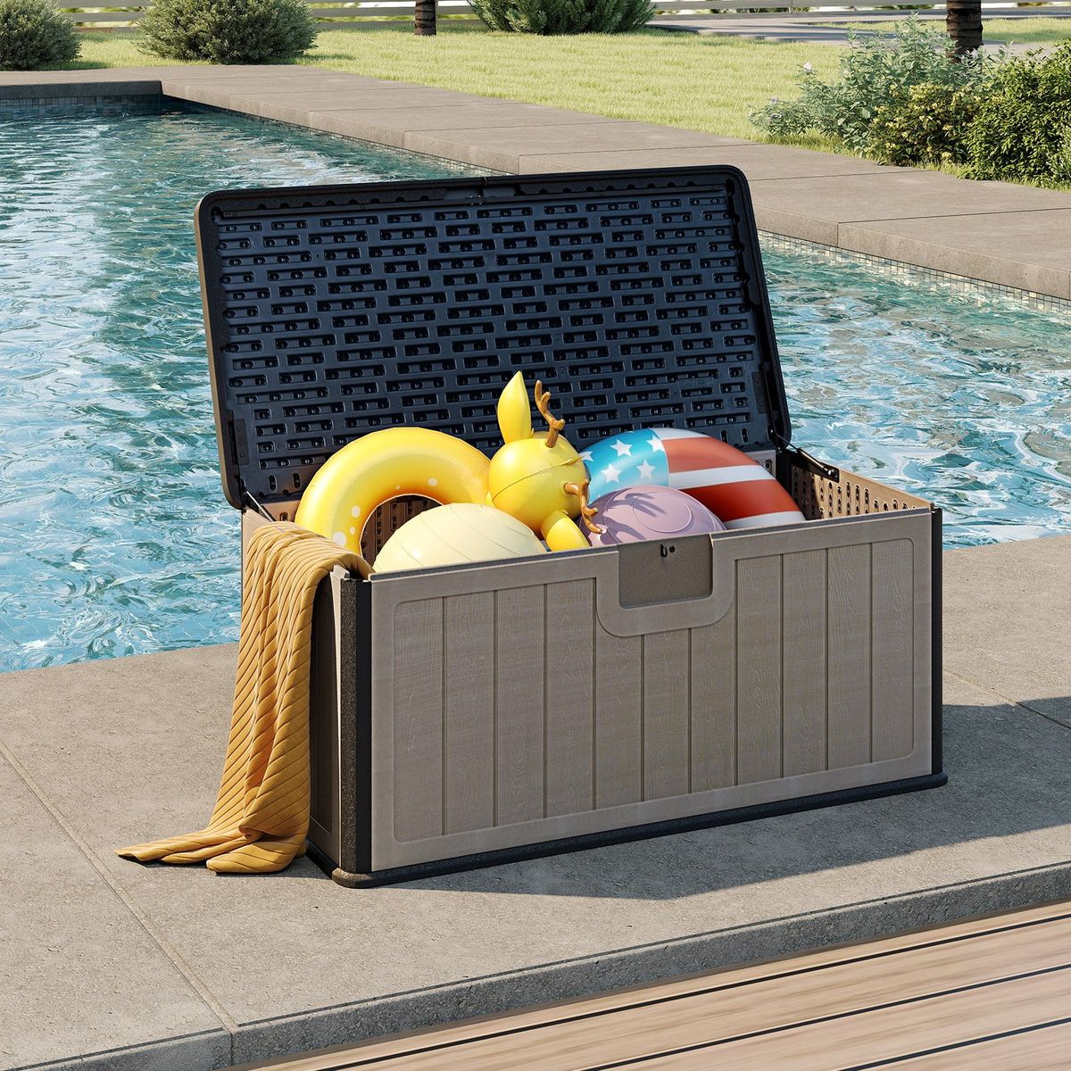 Coast Gartenbox – Kissenbox 378 Liter – Wasserdicht – Mit abschließbarem Deckel – Schwarz und Braun