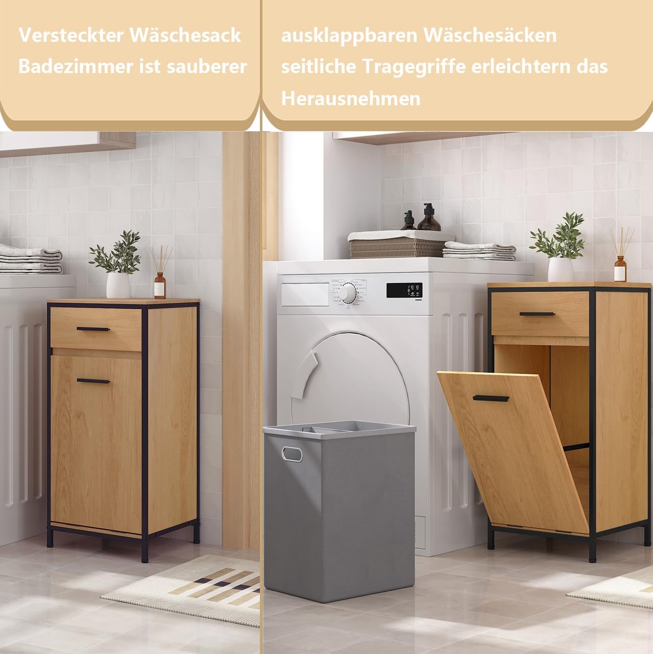 Eugad Badezimmerschrank mit Schublade und Wäschebeutel – Helles Eiche – 38 x 34 x 80 cm