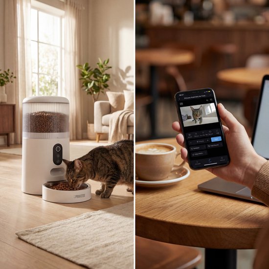 Princess Automatischer Fressnapf – HD-Kamera & Smart – 4 Liter – Katze & Hund – App-Steuerung – Geplante Fütterung – Edelstahlschüssel – Pufferbatterie – Futterautomat – Futterspender – 610045
