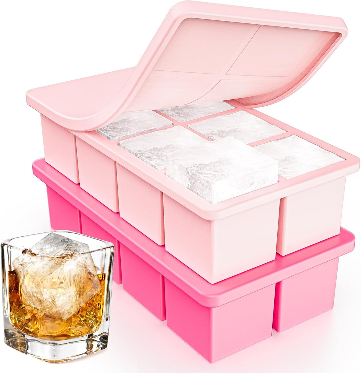 Lxndaser Eiswürfelform, groß, mit Deckel, 2er-Set – 16 quadratische Eiswürfel à 4,6 cm – auslaufsicher und stapelbar – Dunkelrosa und Hellrosa