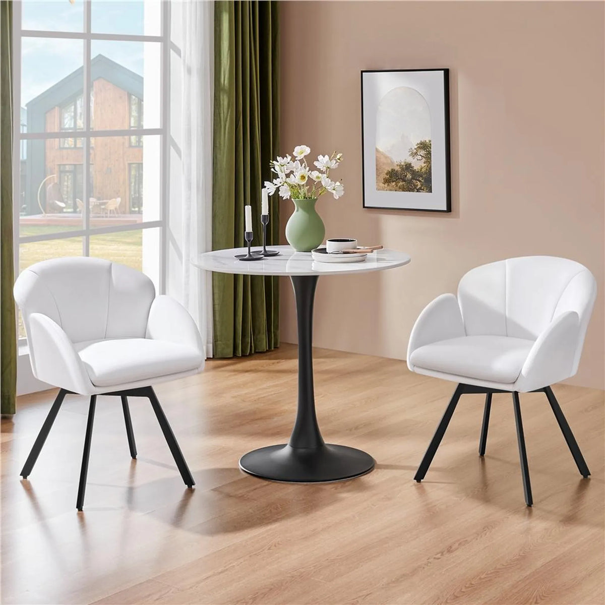 Yaheetech Drehstuhl Floral - Mit 360°-Drehmechanismus und abnehmbarem Sitzkissen und X-förmigem Metallgestell - Für Schlafzimmer und Home Office - Weißer Bouclé und Metall - 57 x 61 x 75 cm