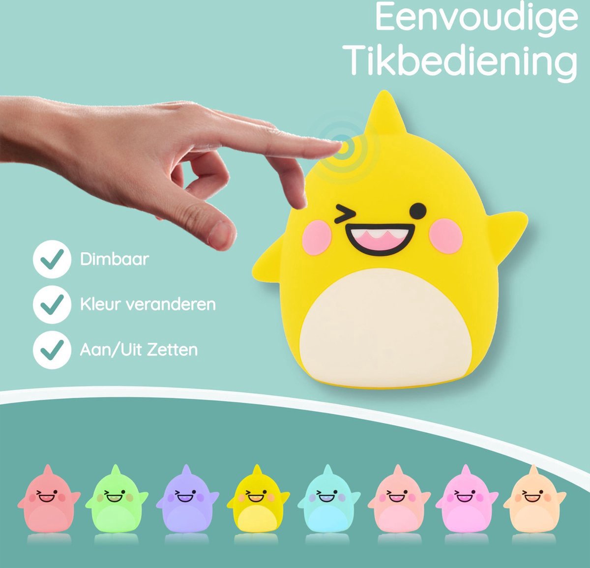 Sleepy Friends Kinder-Nachtlicht Hai - 8 Farben - dimmbar - Touch & Fernsteuerung - USB aufladbar - 95x97x100 mm - weiches Silikon