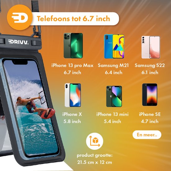 Drivv. Wasserdichte Handytasche 2 in 1 mit Kabel - Universal bis zu 6,7 Zoll - Unterwassergehäuse Telefon - Schwarz