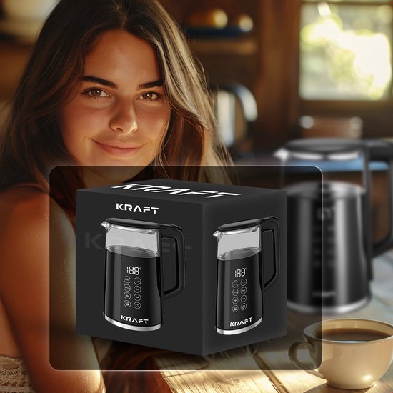 KRAFT - Wasserkocher - mit Temperaturregelung - 1,7 Liter - 2200W - Glas - LED Touch - Schwarz