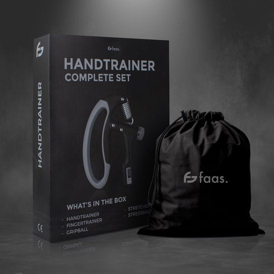Handtrainerset - 5-teilig - 10 bis 100 KG - Digitaler Zähler - Hand-, Unterarm-, Handgelenks- & Fingertrainer - Stressball, Squeephalter, Stretcher & Grip Ball