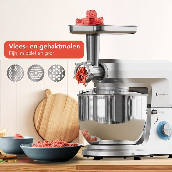 KitchenBrothers Küchenmaschine - Komplettset - 15 Zubehörteile - Küchenroboter - 6L - 1500W - Silber