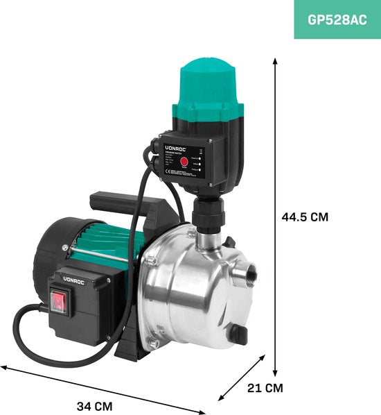 VONROC Hydrophor-Pumpe / Automatische Pumpe - 1000W - 3500l/h - Mit Druckschalter - Trockenlaufschutz - Für Bewässerung und Hausbewässerung