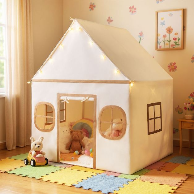 Coast Kinderspielzelt Beige/Braun - Spielhaus mit Sternenlicht und weicher Matte - 120 x 101 x 143 cm