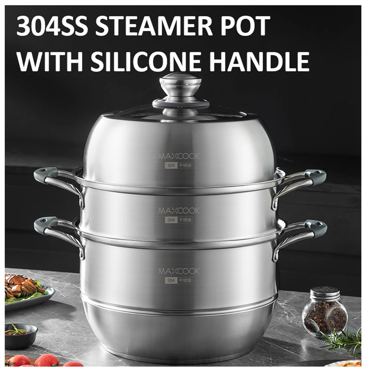 Maxcook 3-lagiger Dampfkochtopf 28 cm – Edelstahl 304 – für Induktion und Gas