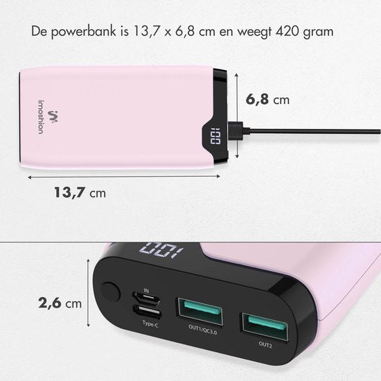 imoshion Powerbank 20000 mAh - Schnellladegerät 22,5W - LED-Anzeige - USB C & USB A - Geeignet für iPhone und Samsung, u.a. - Universal - Hellrosa