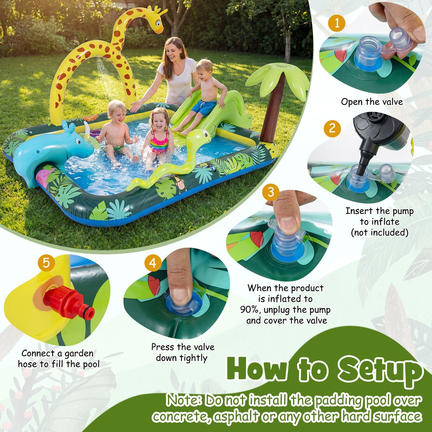 Coast „Tiere im Dschungel“ – Aufblasbares Schwimmbecken mit Rutsche und Sprinkler – Ringwurfspiel – Wasserspielzentrum für Kinder – 208 x 178 x 138 cm – Mehrfarbig