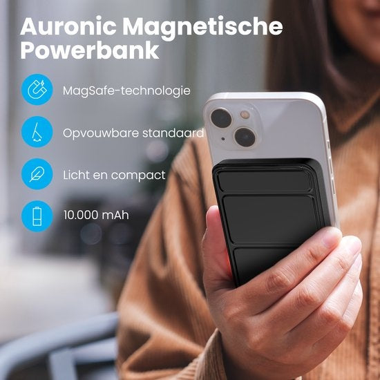 Auronic Powerbank - 10.000 mAh - 22,5W - iPhone 12/13/14/15 Schnellladegerät - Magnetisches und drahtloses Laden - Schwarz