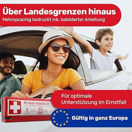 Auto-Kombi-Tasche (3 in 1) nach aktueller Norm 2026 - inkl. Warndreieck, Warnweste - Verbandskasten Warndreieck-Set Auto-Verbandskasten DIN 13164:2022 (nach deutschem Verkehrsrecht)