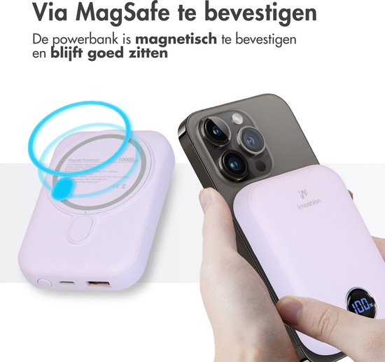 imoshion Powerbank 10000 mAh - Geeignet für MagSafe - Schnellladegerät 22,5W - LED-Anzeige - USB C & USB A - Kabellose Powerbank Geeignet für iPhone 12/13/14/15/16 - Flieder