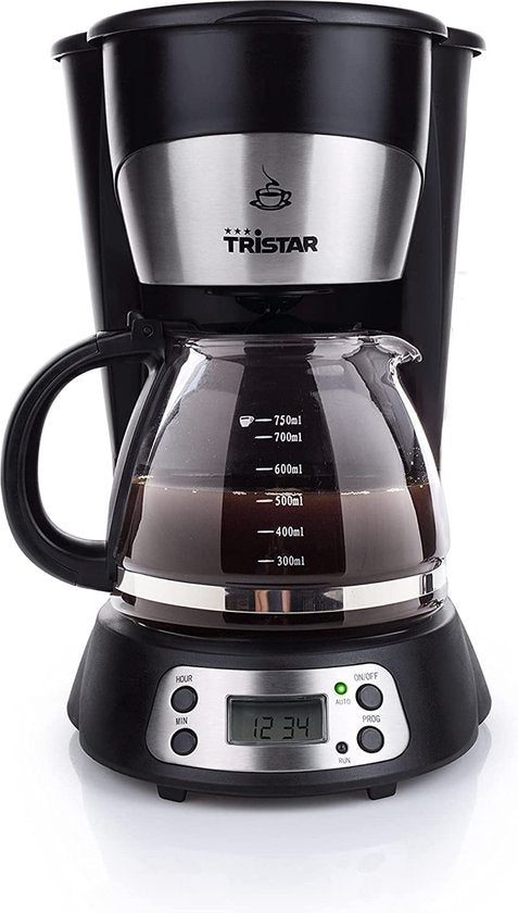 Tristar Kaffeemaschine CM-1235 – Filterkaffeemaschine 750 ml – Für den Campinggebrauch geeignet – Digitale Anzeige und Timer-Funktion – Glaskanne, herausnehmbarer Kaffeefilter – 7 Tassen – Schwarz