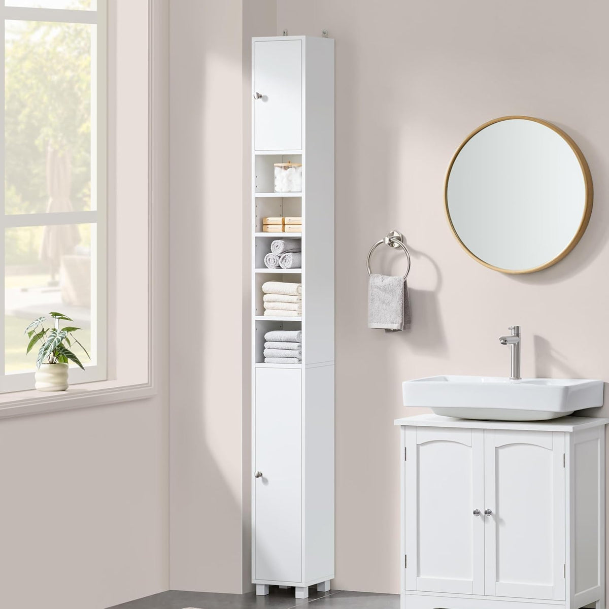 Yaheetech Schmaler Badezimmerschrank mit 6 verstellbaren Einlegeböden, 20 × 20 × 180,5 cm, weiß