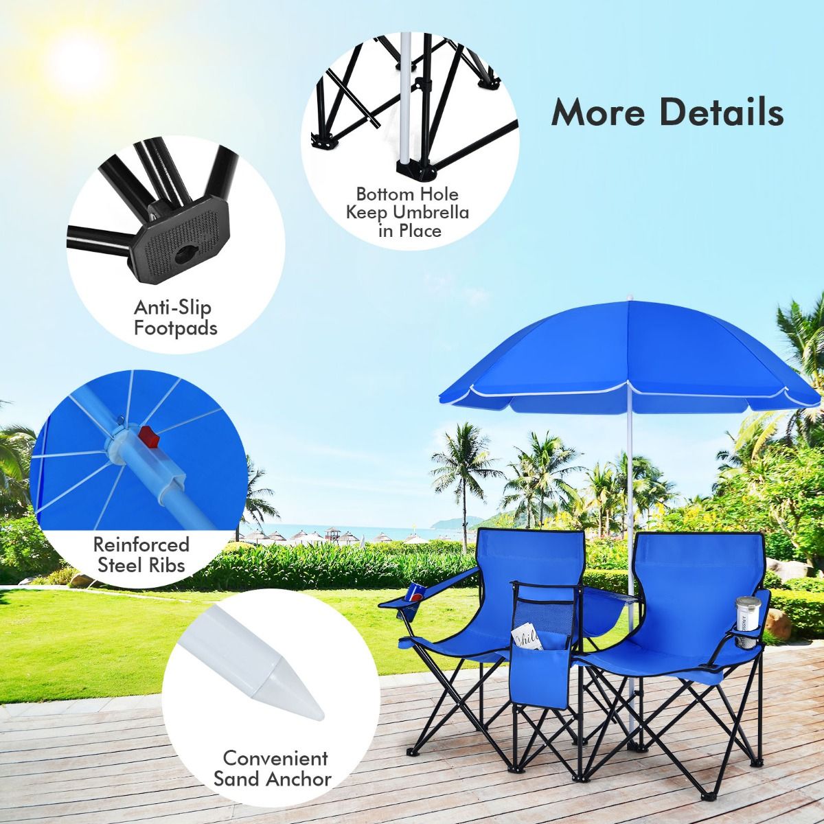 Coast Doppel Campingstuhl - Mit Sonnenschirm - Faltbar - Mit Getränkehalter und Kühltasche - Blau