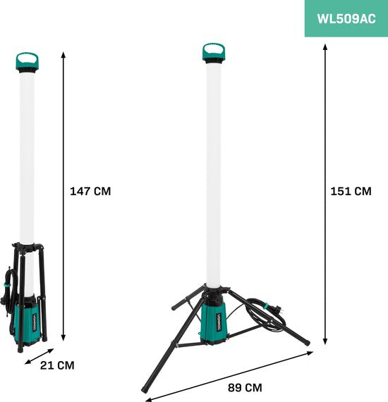 VONROC PRO Baulampe 360° - LED - 76W - mit Stativ/ Dreibein - Sehr leistungsstark: 11.500 Lumen - Höhe: 151 cm - 5-Meter-Kabel