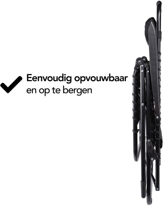 Brixy Faltbarer Gartenstuhl - Liegestuhl - Faltbar - Verstellbar - Ergonomisches Kopfkissen - Metall - Textil - Schwarz