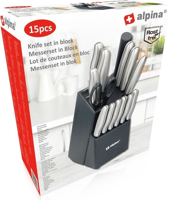 alpina Messerset - Messerblock - 15-teilig - Edelstahl - Schwarz/Silber