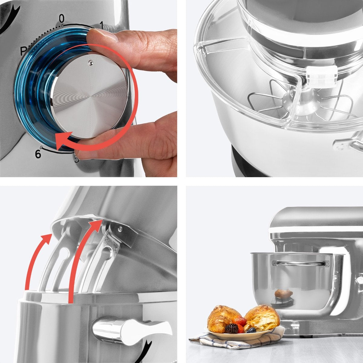 KitchenBrothers Küchenmaschine - Küchenmixer mit 6L-Edelstahl-Mixschüssel - Küchenroboter - 1400W - Silber