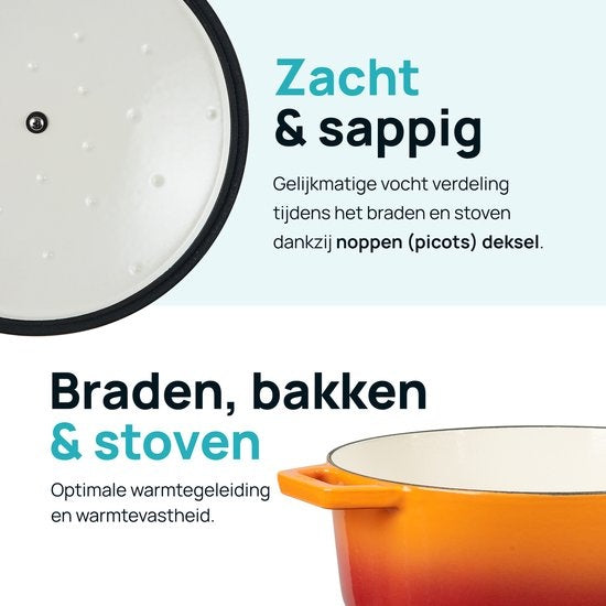 MOA Gusseisen-Kasserolle - Fassungsvermögen 5,7 Liter - 26CM - Rund - Alle Wärmequellen - Auch für Induktion - Gewicht 5,8 kg - Orange Rot - C26OR