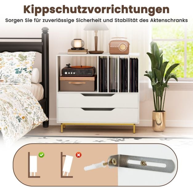 Coast Plattenspieler-Möbel Weiß - Retro-Vinylschrank mit 4 Plattenfächern und 2 Schubladen - 91 x 36 x 87 cm