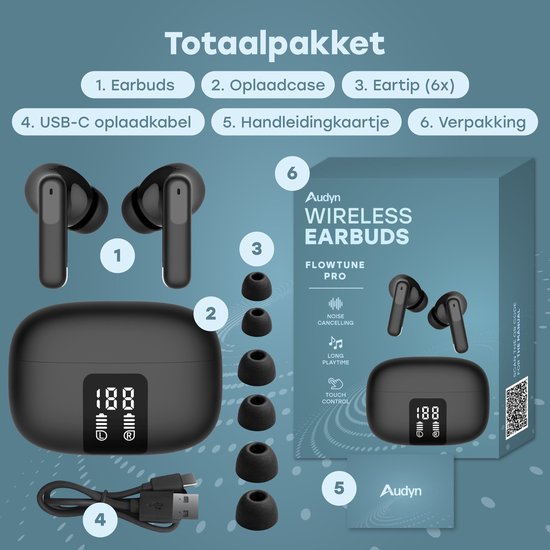 Audyn Kabellose Ohrhörer – Kabellose Ohrhörer – Geräuschunterdrückung ANC+ENC – Bluetooth – In-Ear – Schwarz – FlowTune Pro