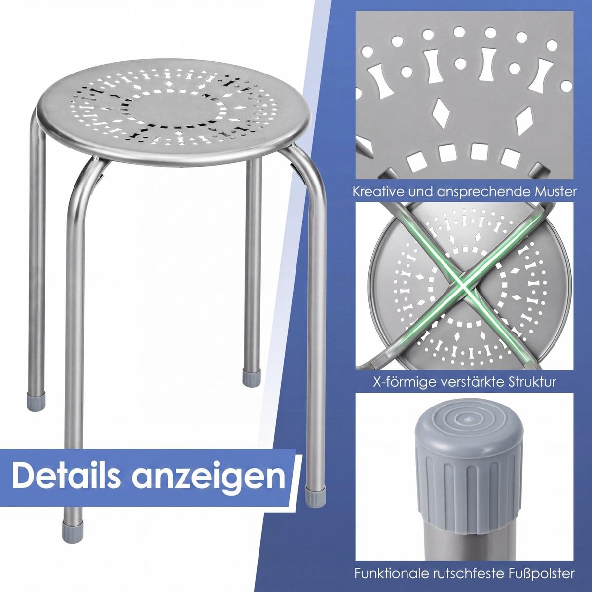 Coast 6-teiliges Set stapelbarer Metallhocker – verstärkter Rahmen – sofort einsatzbereit – grau