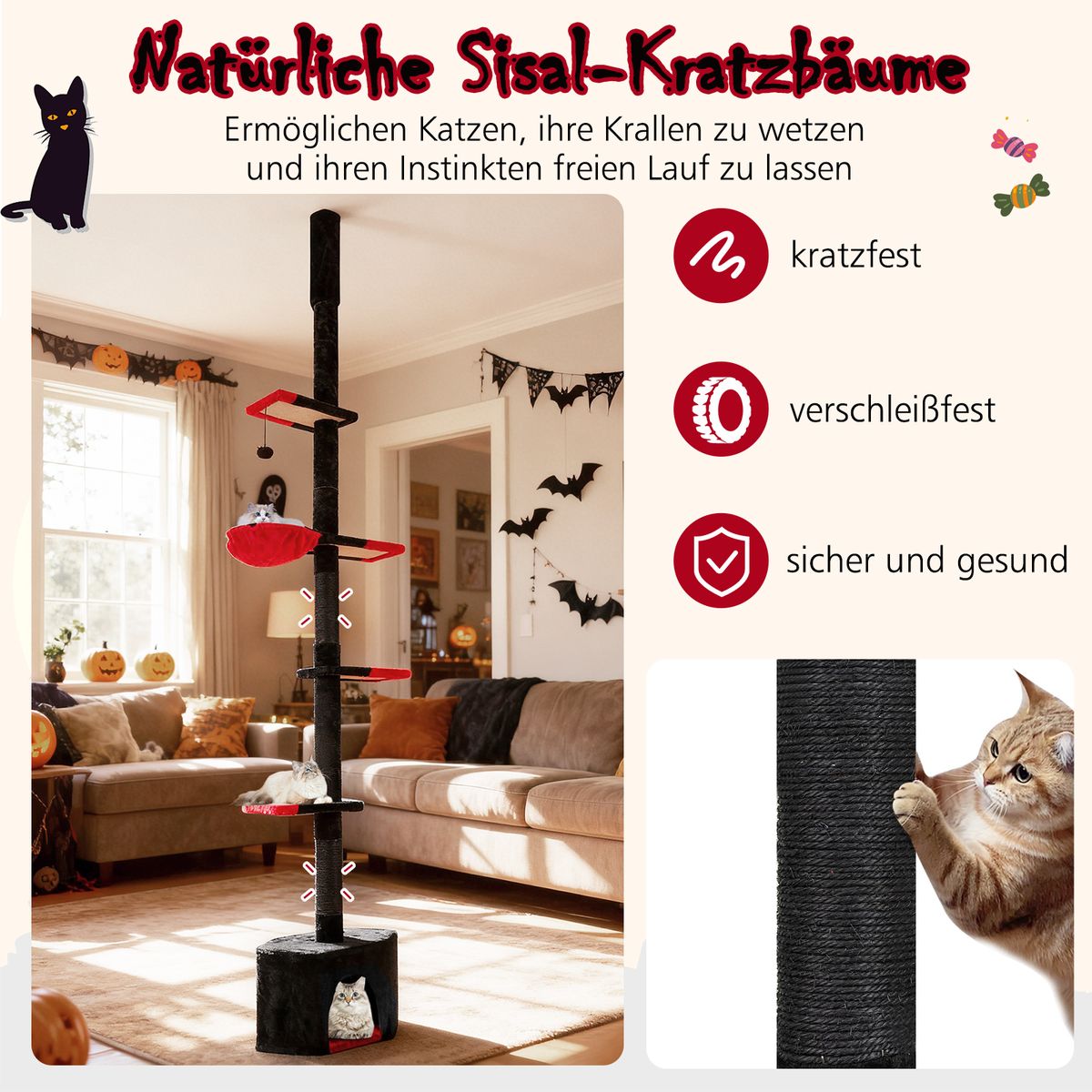 Coast Kratzbaum vom Boden bis zur Decke – 5 Etagen – höhenverstellbar – schwarz und rot