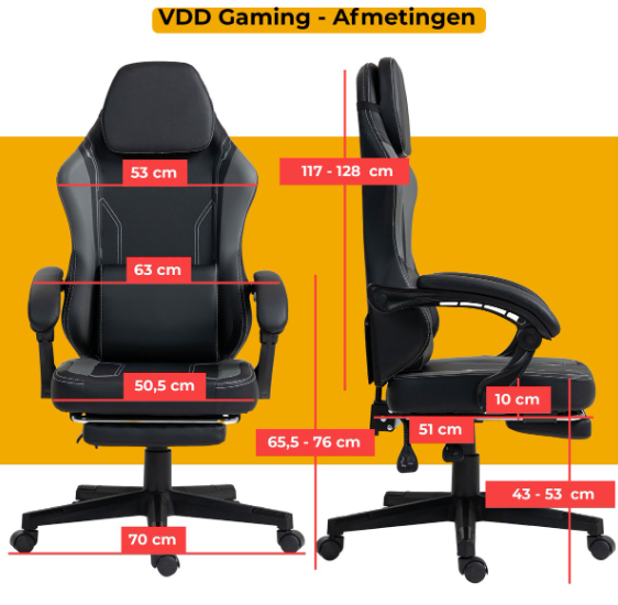 VDD Gaming-Gaming-Stuhl mit Massagefunktion – Schwarz/Grau – 70 x 70 x 125 cm – Verstellbar, Fußstütze, 150 kg