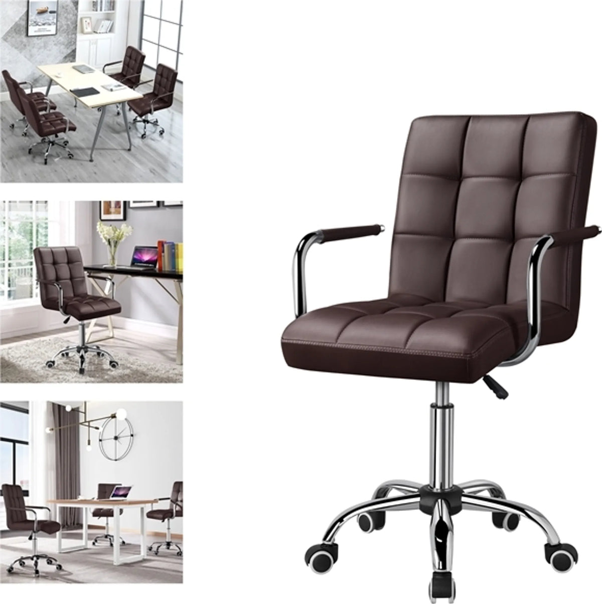 Yaheetech Bürostuhl mit verstellbarer Sitzhöhe - 55 x 60,5 x 86,5-102 cm - Ausgestattet mit bequemer Schaumstoffpolsterung und schalldämpfenden Rädern und verzinktem Metallrahmen - Für Büro und Heimarbeitsplatz - Braunes Kunstleder und Metall