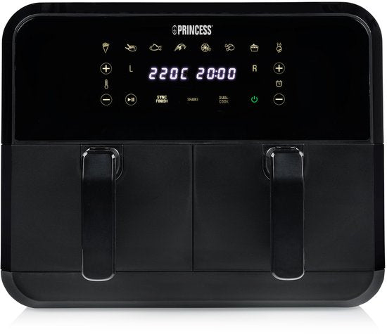 Princess Double Basket Airfryer 182068 - Double Airfryer - 8 Liter - 2 Körbe - XXL - 8 Programme - 2400W - Doppelte Heißluftfritteuse - Touchscreen - Schwarz - 80°C bis 220°C - Sync-Funktion