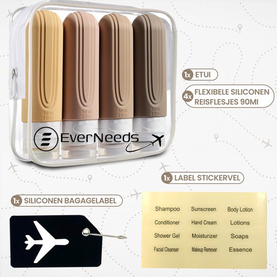 EverNeeds Reiseflaschen mit Etui - Nachfüllbar - Silikon-Reiseflaschen Handgepäck - Hell Apricot - 4 Stück